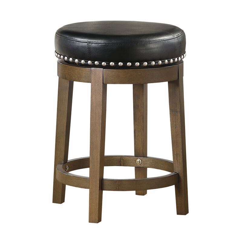 Bara 25 Inch Swivel Counter Stool, Black Round Faux Leather, Brown, Set of 2 - Benzara