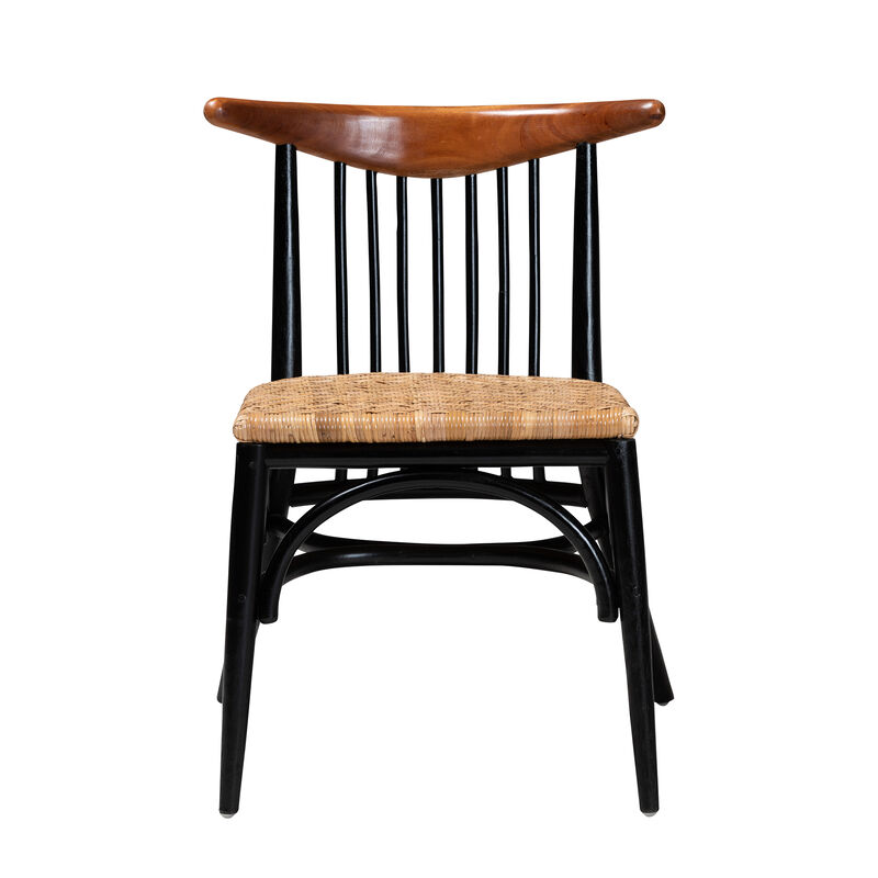 bali & pari Parthenia Mid-Century Modern Two-Tone Black and Walnut Brown Finished Mahogany Wood and Natural Rattan Dining Chair