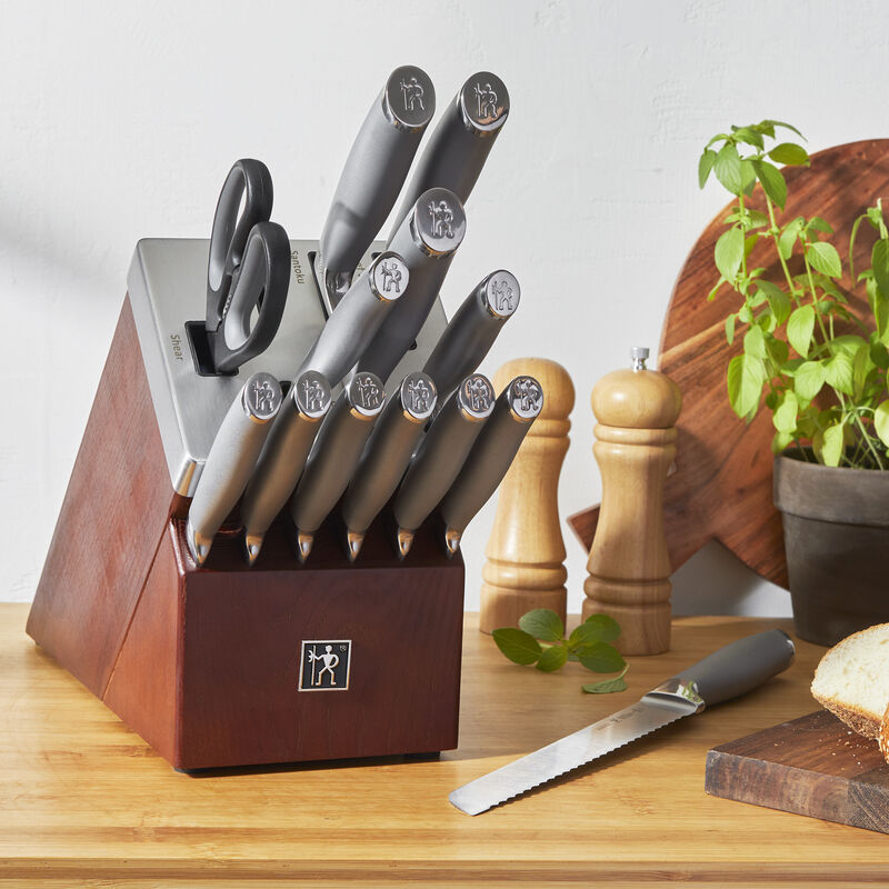 Henckels Modernist 14-pc Self-Sharpening Knife Set with Block, Chef Knife, Paring Knife, Bread Knife, Steak Knife, Dark Brown, Stainless Steel, Walnut