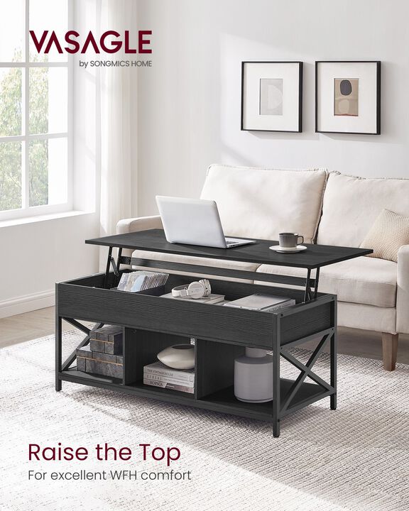 Modern Lift Top Coffee Table - Hidden & Open Compartments with X-Shaped Steel Frame