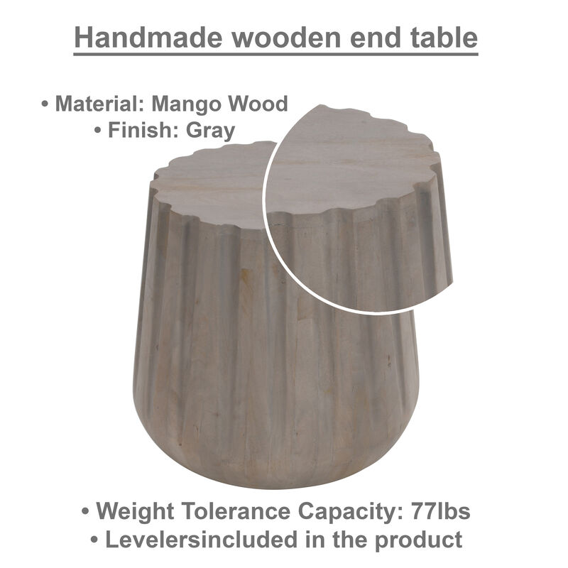 22 Inch Side End Table, Mango Wood Drum Shape with Handcrafted Grooved Edges, Gray
