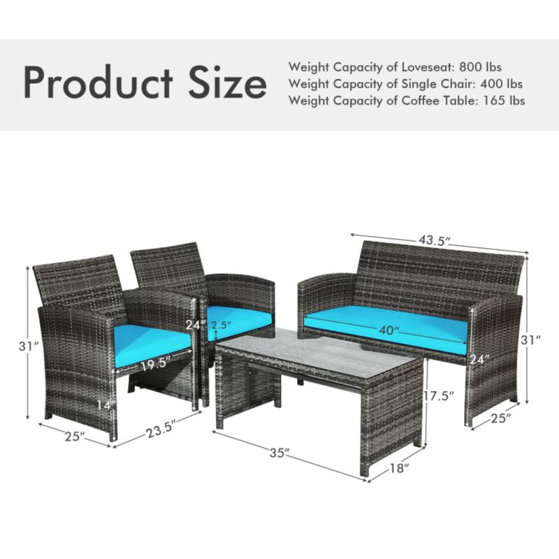 Hivvago 4 Pieces Patio Rattan Furniture Set with Glass Table and Loveseat