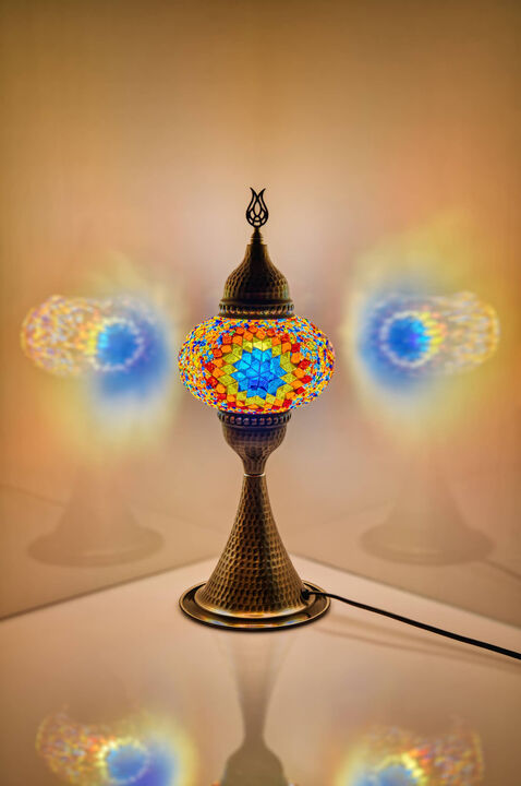 16 in. Handmade Elite Multicolor Star Mosaic Glass Table Lamp with Brass Color Metal Base