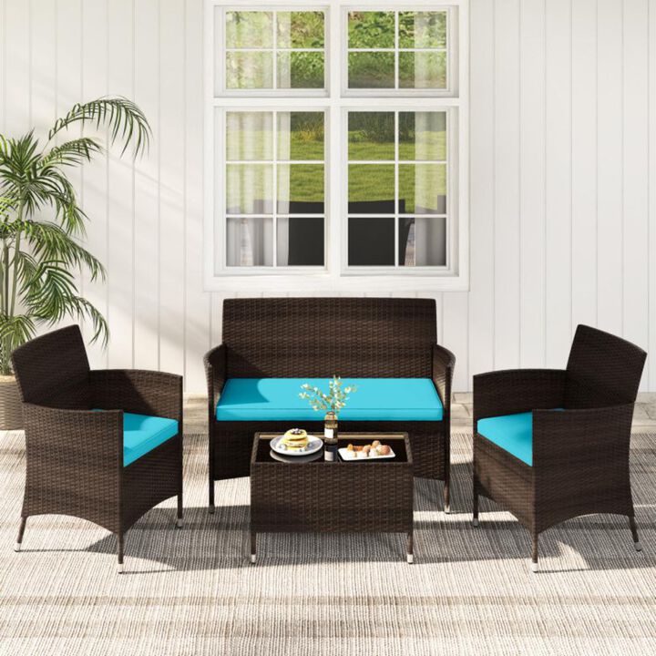 Hivvago 4 Pieces Comfortable Mix Brown Outdoor Rattan Sofa Set with Glass Coffee Table