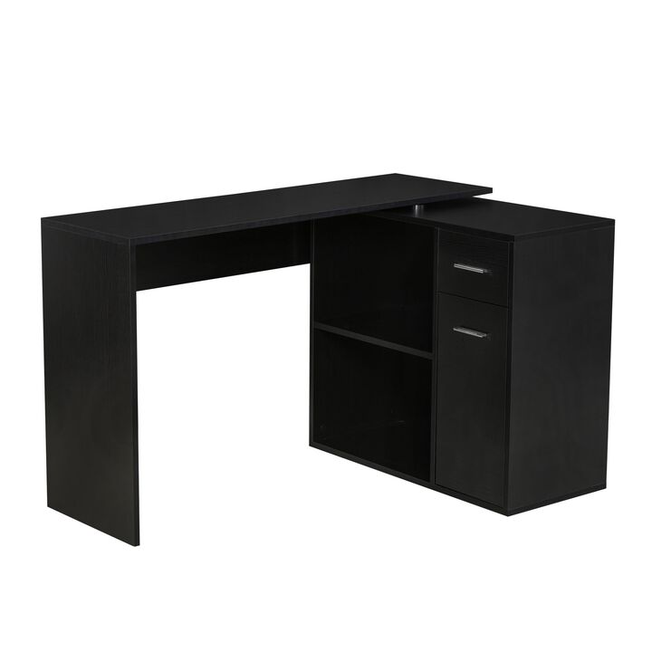 Black L-Shaped Workstation: Corner computer desk with rotating storage shelves and drawer for home and office use.