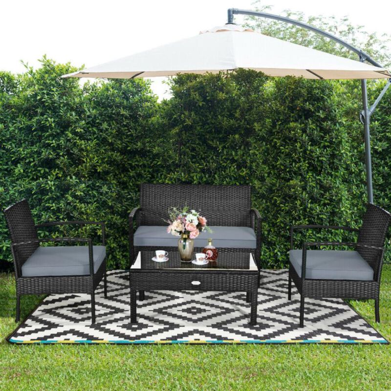 Hivvago 4 Pieces Patio Rattan Cushioned Furniture Set with Loveseat and Table