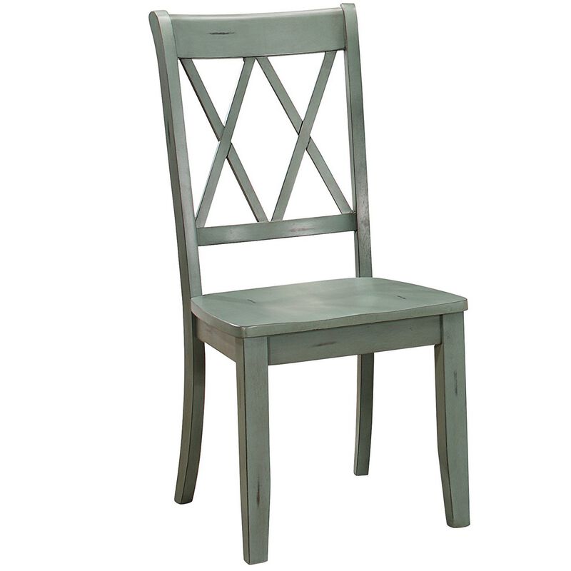 Pine Veneer Side Chair With Double X Cross Back, Teal Blue, Set of 2-Benzara