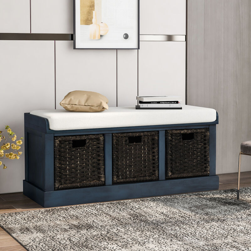 Rustic Storage Bench with 3 Removable Classic Rattan Basket, Entryway Bench with Removable Cushion (Navy)