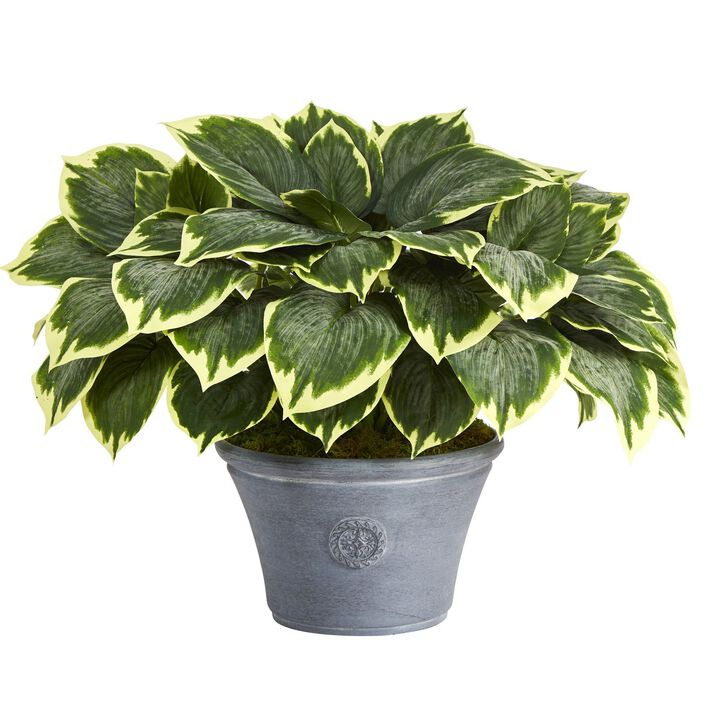 Nearly Natural 23-in Variegated Hosta Artificial Plant in Gray Planter