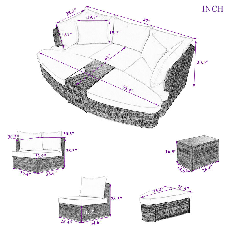 6-Piece PE Wicker Rattan Patio Set with Coffee Table