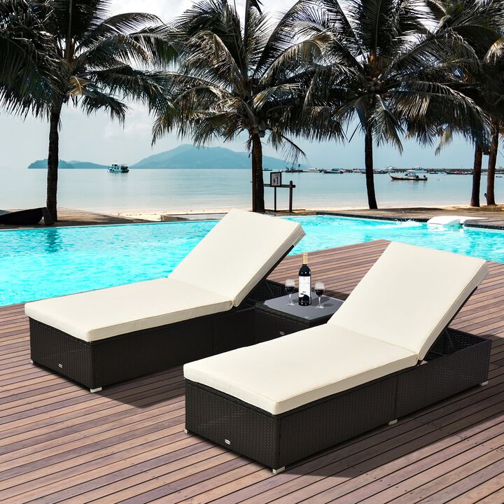 Outdoor Lounge Chairs Set of 2 with 5-Level Angles Adjust Backrest, Thick Cushions, & Matching Table, for Pool Side, Cream White