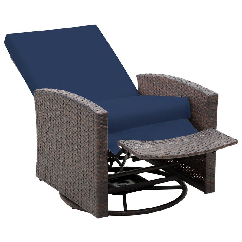 Dark Blue Patio Wicker Recliner Chair with Footrest, Outdoor PE Rattan 360Â°Swivel Chair with Soft Cushion, Lounge Chair for Patio
