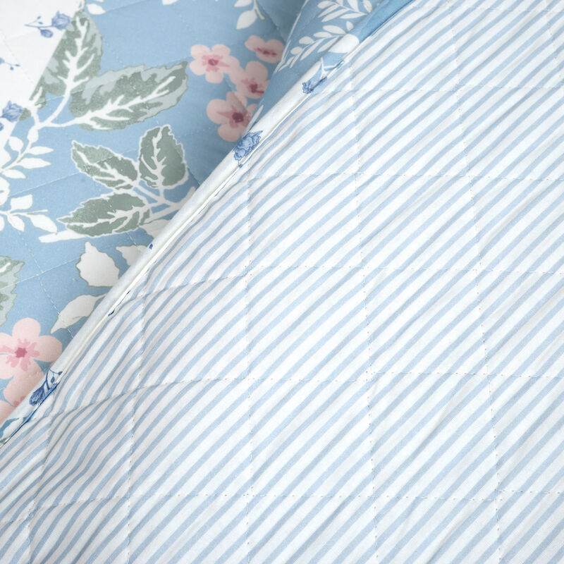 Cottage Core Flower Stripe Oversized Reversible Cotton Quilt Blue/Dusty Pink 3Pc Set Full/Queen