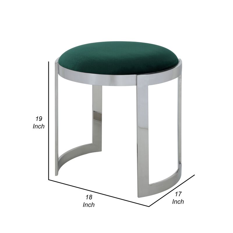 Niyo 19 Inch Accent Stool Ottoman, Round Seat, Soft Green Velvet, Silver - Benzara