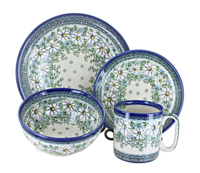 Blue Rose Polish Pottery Clover Fields 4 Piece Place Setting - Service for 1