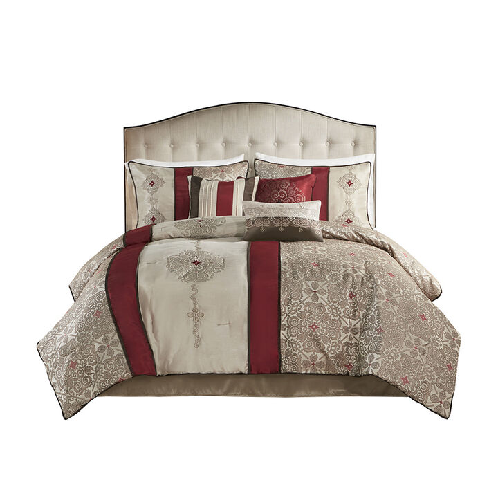 Gracie Mills Kurtis 7-Piece Red Jacquard Comforter Set with Designer Throw Pillows