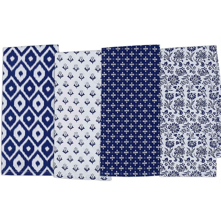 Set of 4 Blue and White Floral Rectangular Dish Towels 28"