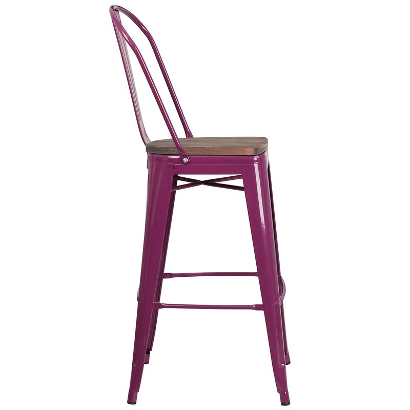 Flash Furniture 30" High Purple Metal Barstool with Back and Wood Seat