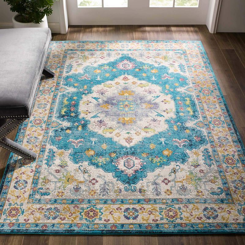 Success Anisah Distressed Vintage Floral Persian Medallion 5x8 Area Rug - Blue, Ivory, Yellow, Orange