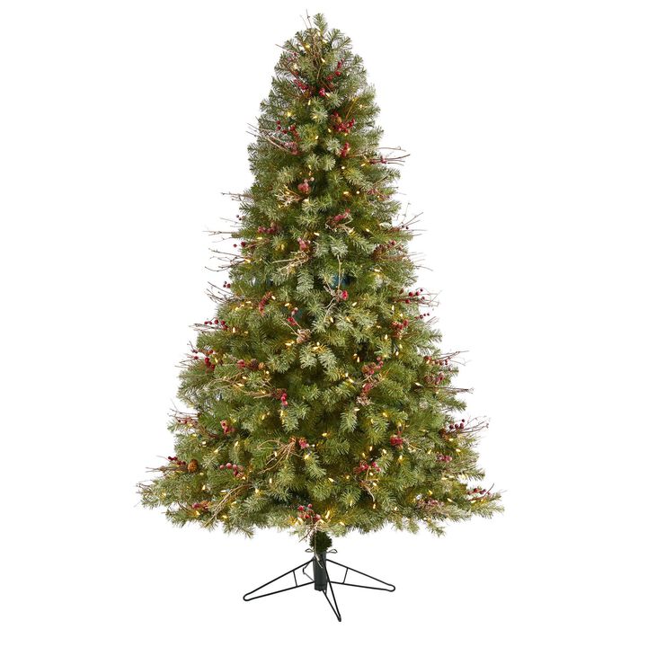 Nearly Natural 6.5-ft Lightly Frosted Big Sky Spruce Artificial Christmas Tree with 450 Clear (Multifunction) LED Lights with Instant Connect Technology, Berries, Pine Cones and 904 Bendable Branches