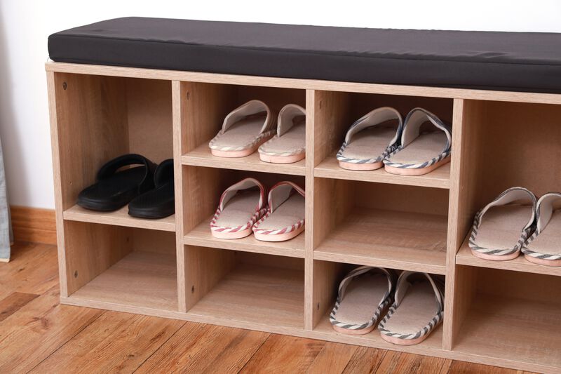 Natural Wooden Shoe Cubicle Storage Entryway Bench with Soft Cushion for Seating