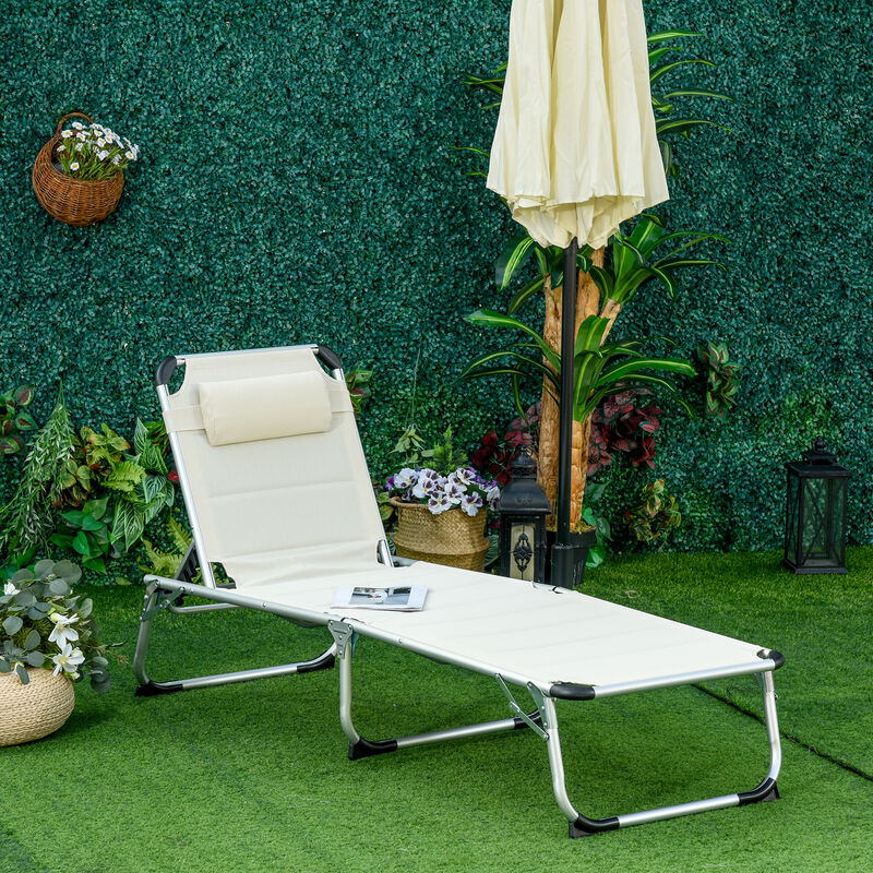 Folding Outdoor Relaxing Chaise Sun Bathing Chair w/ Comfortable Pillow, White