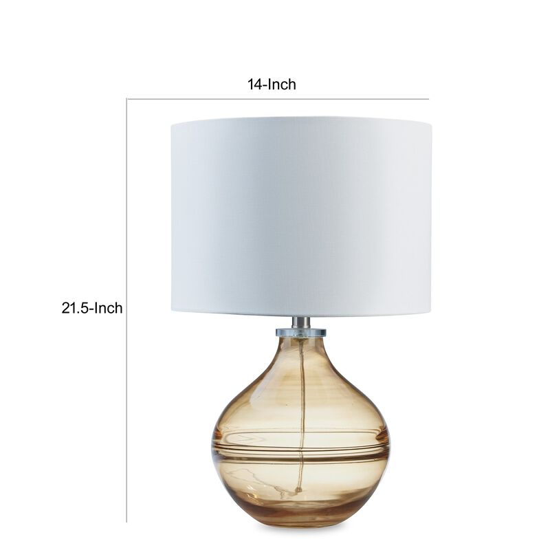 Amie 22 Inch Table Lamp, White Drum Shade, Drop Amber Glass Base, Metal - Benzara