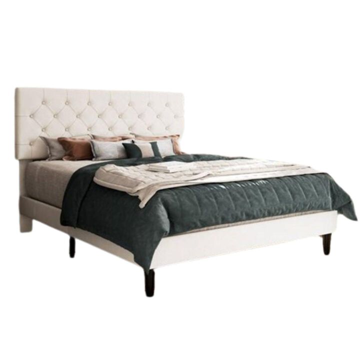Hivvago Queen White Faux Leather Upholstered Platform Bed with Button Tufted Headboard