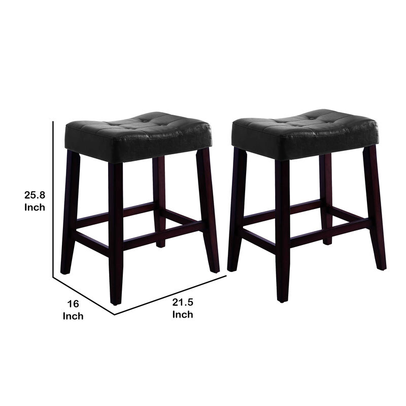 Wooden Stools with Saddle Seat and Button Tufts, Set of 2, Black and Brown - Benzara