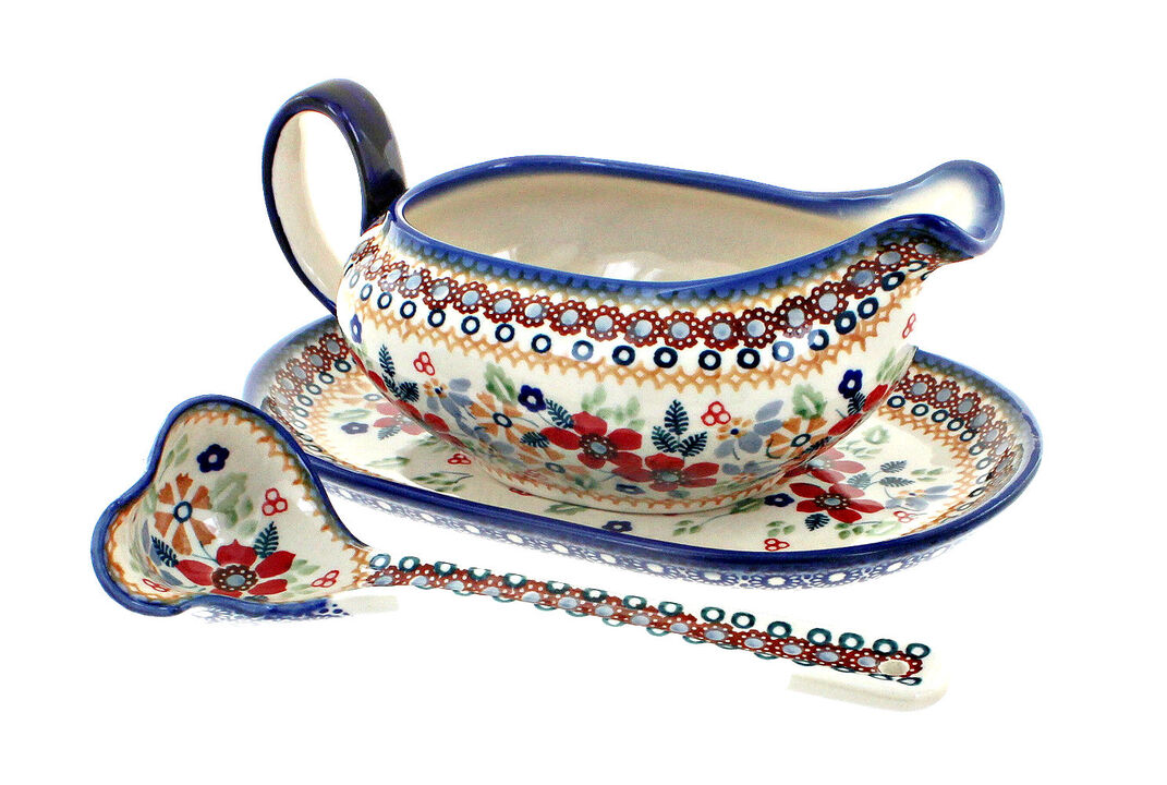 Blue Rose Polish Pottery Sage Floral Gravy Boat & Ladle