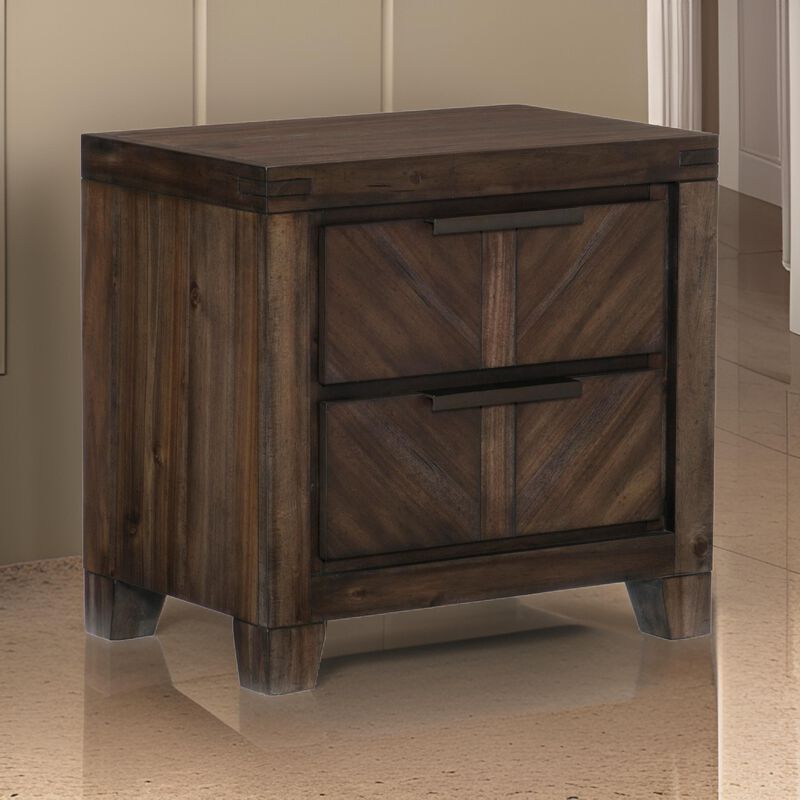 2 Drawer Wooden Nightstand with Antique Handles and Chamfered Feet, Brown - Benzara