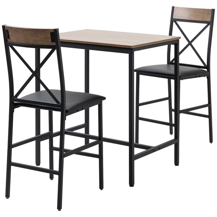 3 Piece Dining Table Set, Bar Table and Chairs Set with PU Padded Stools and Steel Frame for Kitchen, Small Space, Brown