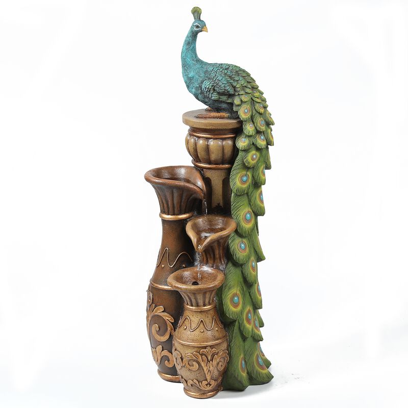 LuxenHome Resin Pedestal Peacock and Urns Outdoor Fountain