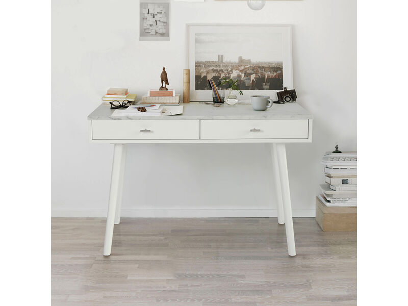 Viola 44"L x 15"W x 30"H Rectangular Italian Carrara White Marble Writing Desk with Oak Legs