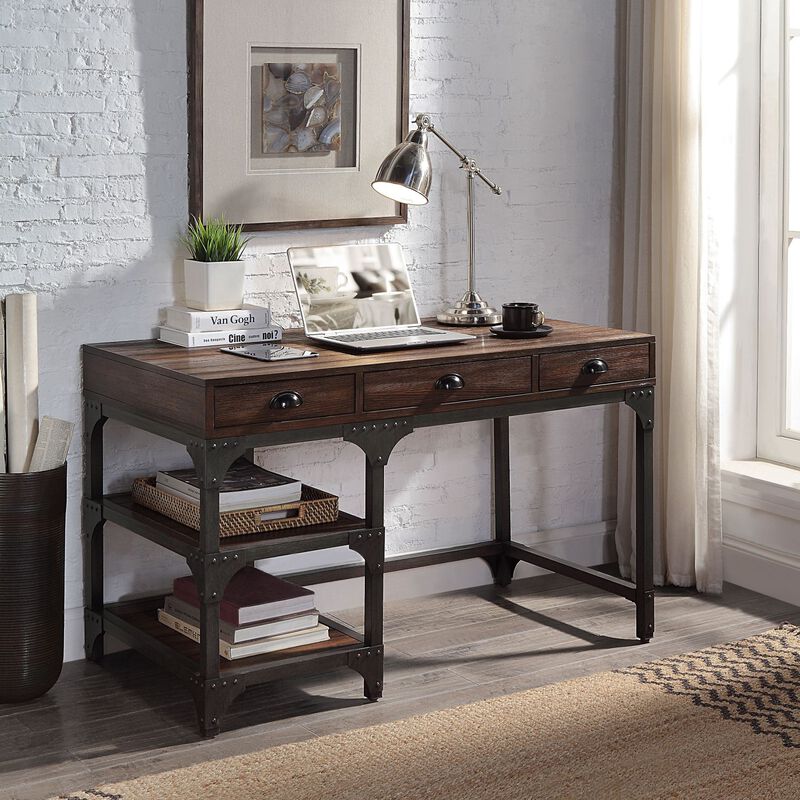 Gordon Writing Desk, Espresso Oak Finish & Black Metal OF 00143