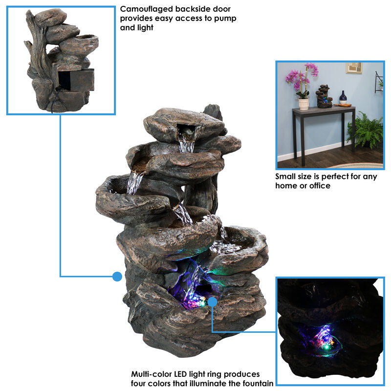 Sunnydaze Staggered Rock Falls Indoor Water Fountain with LEDs - 11 in