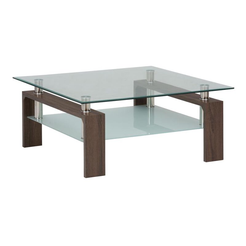 Jofran Compass Clear Modern Glass Square 38 Coffee Table, Brown Wood and Glass