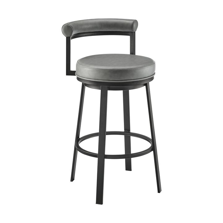 Elysha 30 Inch Swivel Bar Stool Chair, Round Cushion, Gray Faux Leather-Benzara