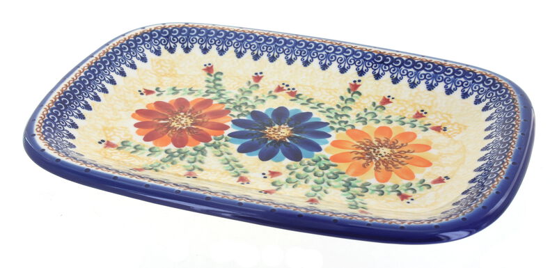 Blue Rose Polish Pottery Winter Cardinal Medium Rectangular Serving Platter