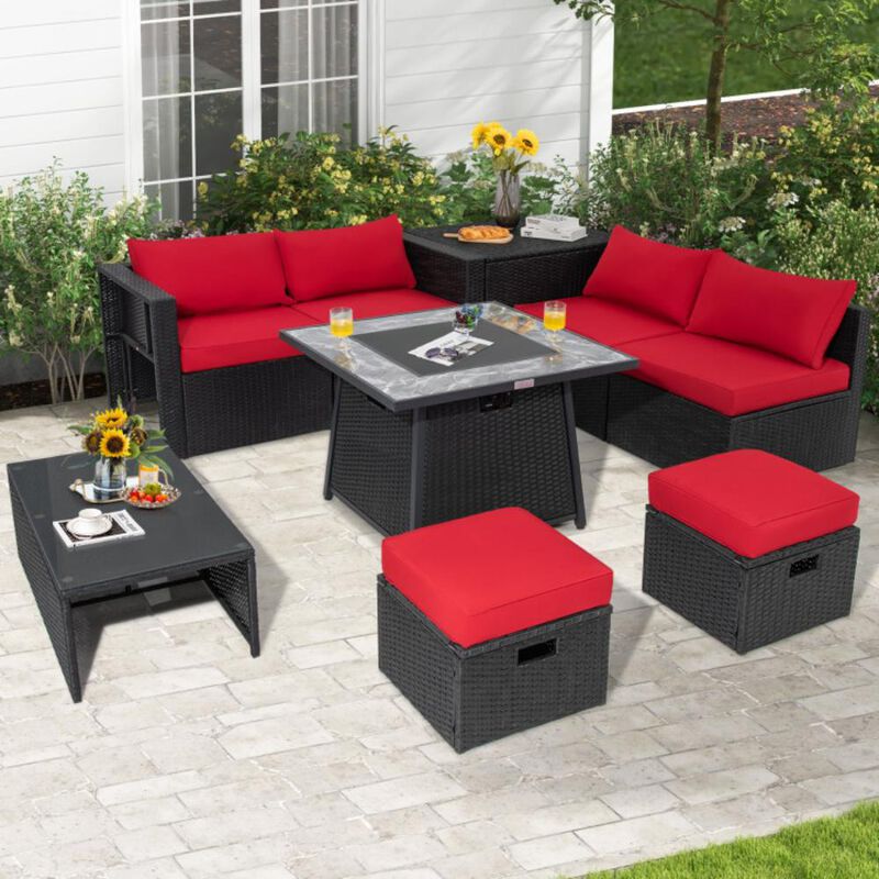 Hivvago 9 Pieces Outdoor Wicker Sectional with 35 Inch Gas Fire Pit Table