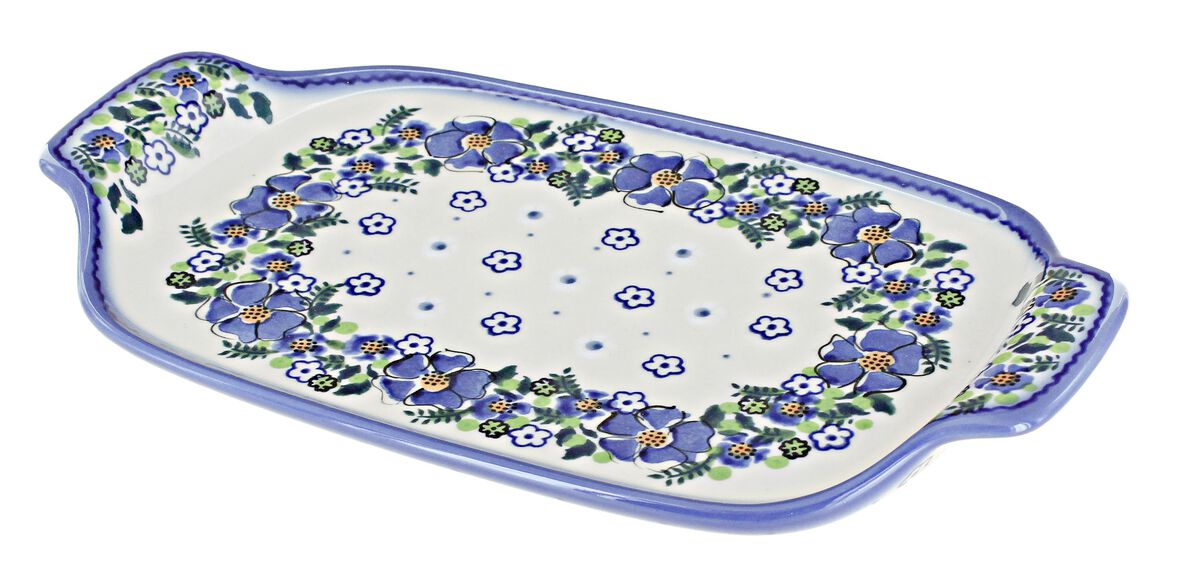 Blue Rose Polish Pottery Cherished Blooms Rectangular Tray with Handles