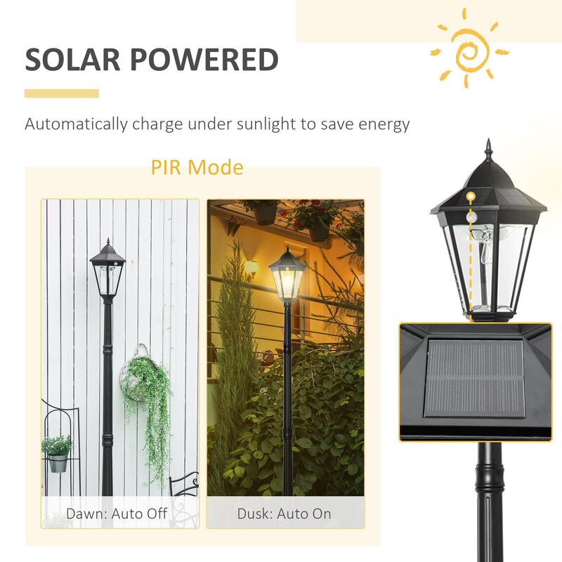 Outsunny 8' Solar Lamp Post Light, Waterproof Aluminum, Motion Activated Sensor PIR, Automatic Outdoor Vintage Street Lamp for Garden, Lawn, Pathway, Driveway, Black