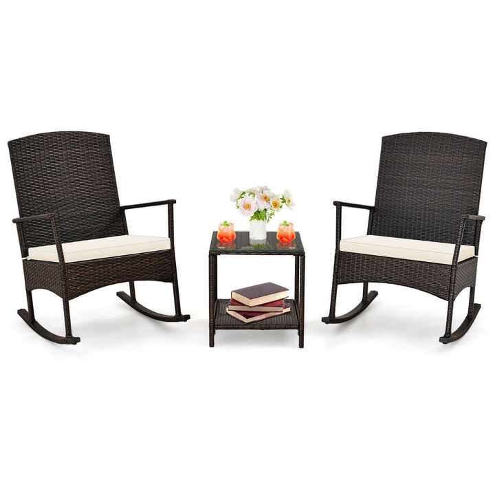 3 Piece Patio Rocking Set Wicker Rocking Chairs with 2-Tier Coffee Table