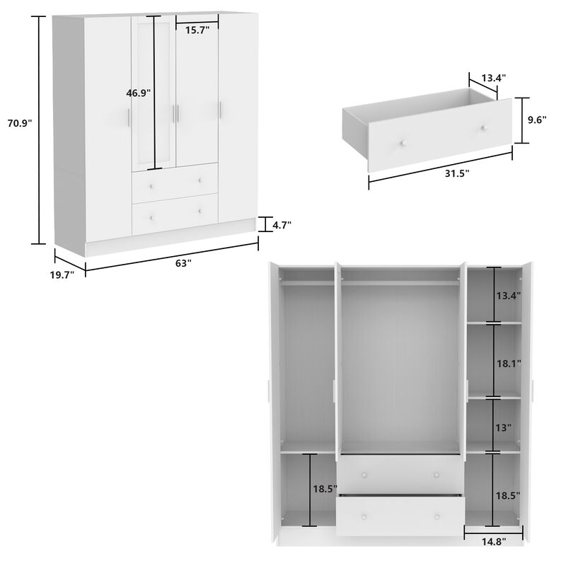 White 4-Door Armoires with Mirror, 2 Hanging Rods, 2-Drawers and Storage Shelves (19.7 in. D x 63 in. W x 70.9 in. H)