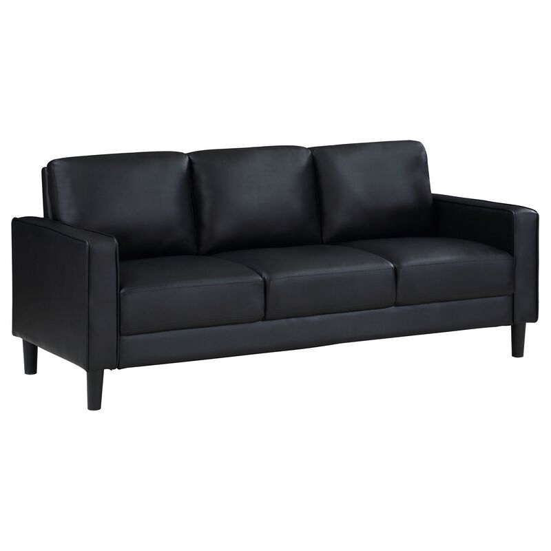 Rumi Sofa, Black Faux Leather, Modern Track Arms, Foam Cushions