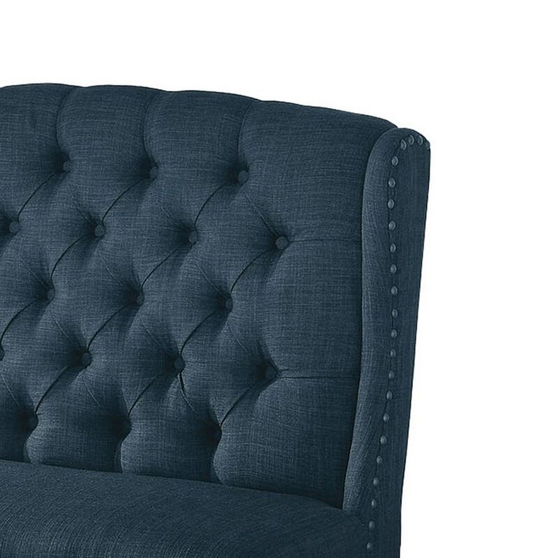 48 Inch Classic Loveseat Bench, 2 Seater, Linen, Tufted, Nailhead, Blue-Benzara