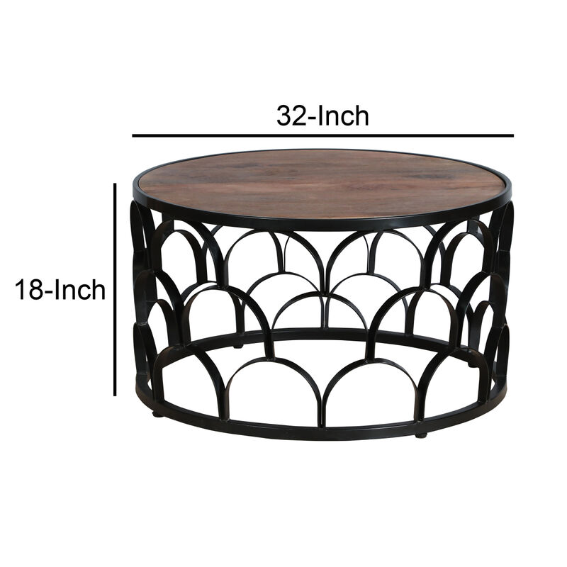 32 Inch Round Coffee Table, Mango Wood Top, Lattice Cut Out Metal Frame, Brown, Black