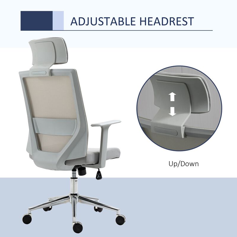 Grey High Back Office Chair, Swivel Task Chair with Lumbar Back Support, Breathable Mesh, and Adjustable Height, Headrest