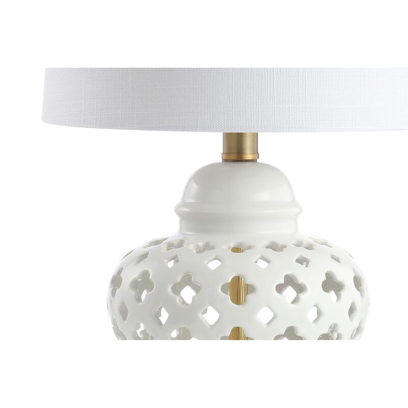 Quatrefoil Fretwork 20.5" Pierced Ginger Jar Ceramic/Metal LED Table Lamp, White