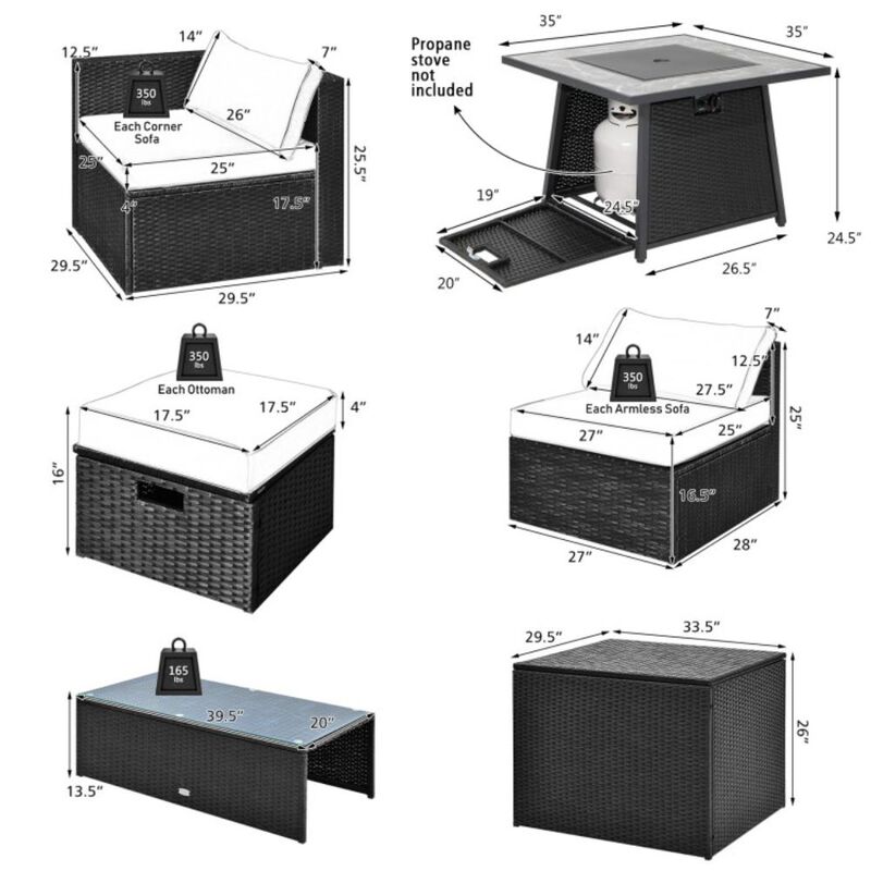 Hivvago 9 Pieces Outdoor Wicker Sectional with 35 Inch Gas Fire Pit Table